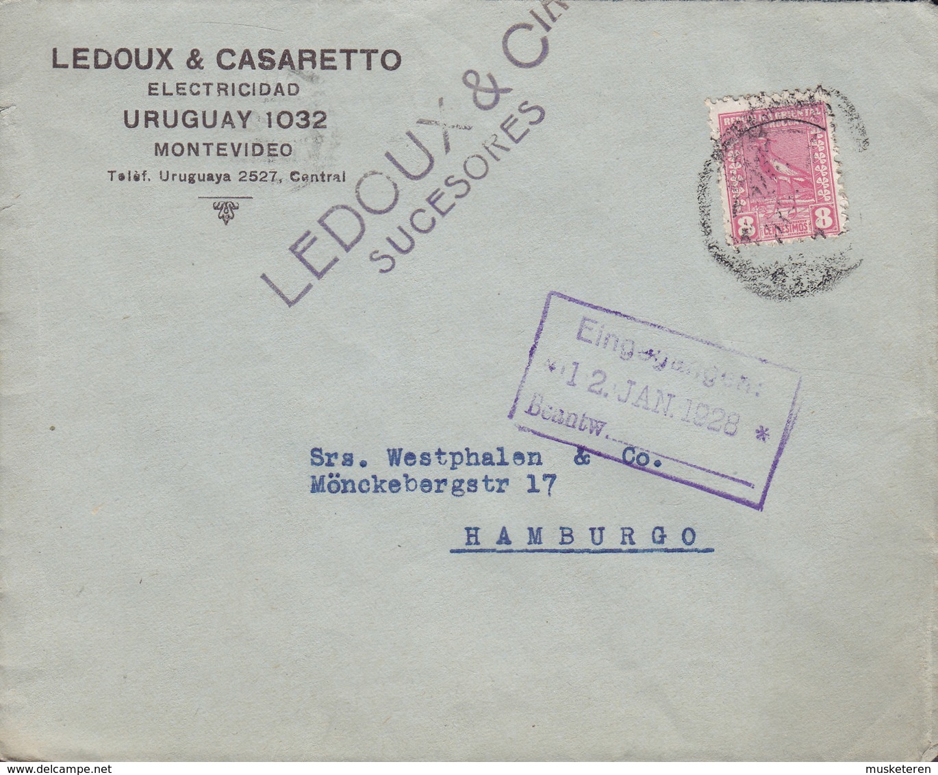 Uruguay LEDOUX & Cia Sucesores Electricidad MONTEVIDEO 1927 Cover Letra HAMBURG Germany Bird Vogel Oiseau - Uruguay