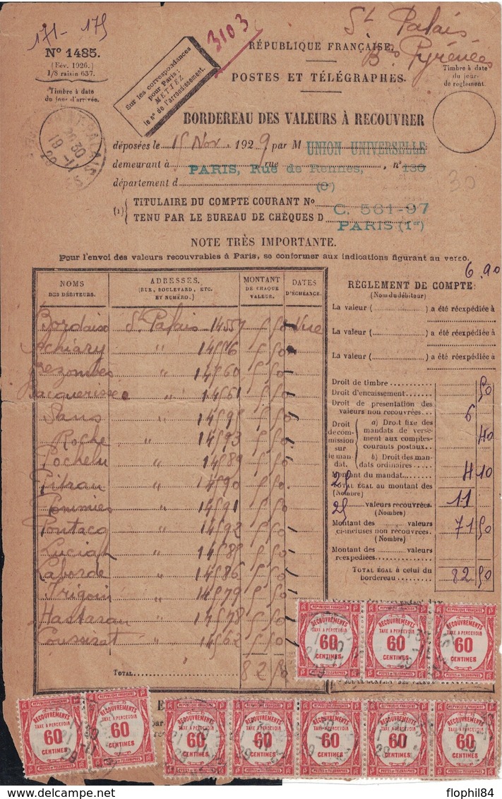 BASSES PYRENEES - ST PALAIS - 19-11-1929 - TAXE BANDE DE 5 + BANDE DE 3 + PAIRE - SUR BORDEREAU DES VALEURS A RECOUVRER. - 1859-1959 Cartas & Documentos