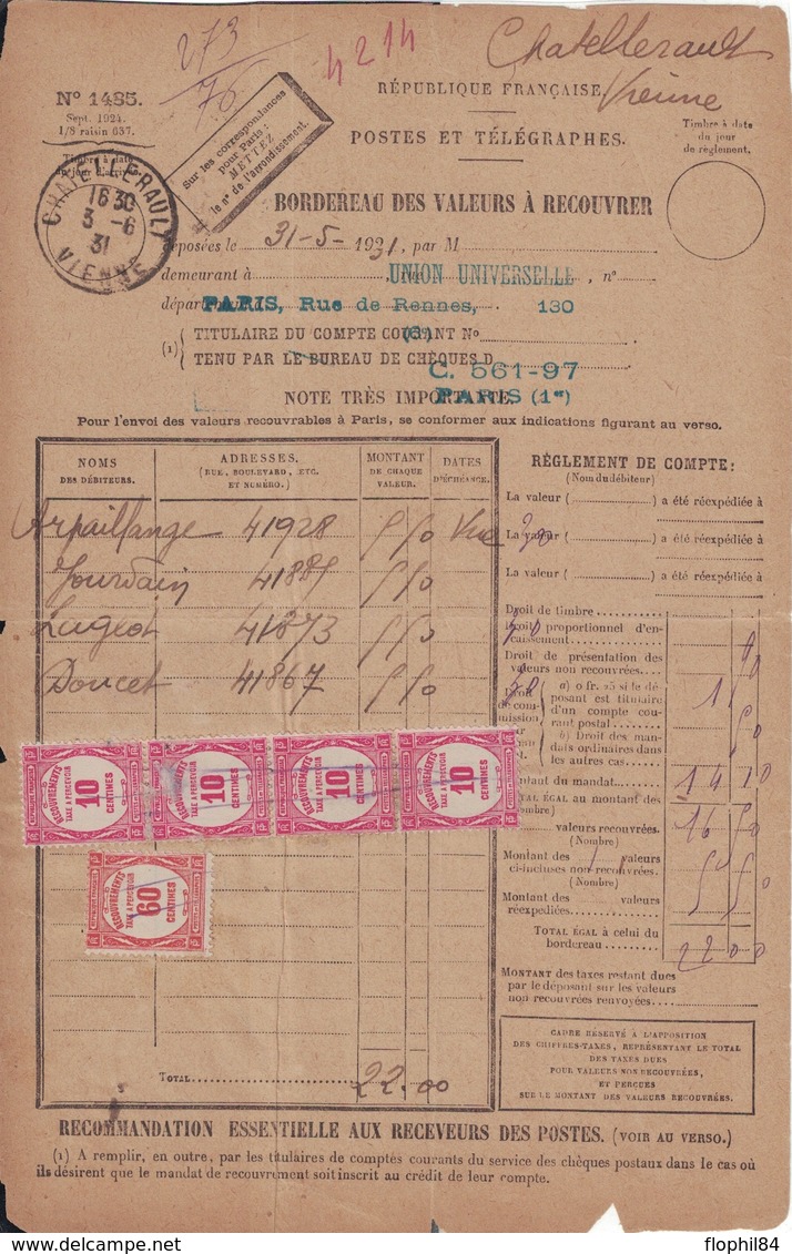 VIENNE - CHATELLERAULT - 3-6-1931 - TAXE 1F - BANDE DE 4 DU 10c + 60c - SUR BORDEREAU DES VALEURS A RECOUVRER - 1859-1959 Lettres & Documents
