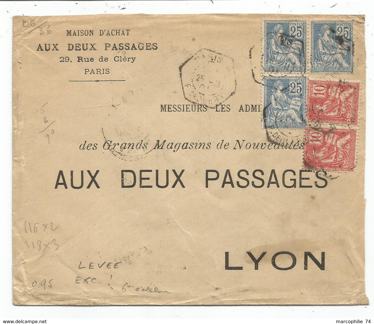 MOUCHON 25CX3+10CX2 LETTRE C. HEX LEVEE EXCEPTIONNELLE PARIS R DE CLERY 1901 TARIF 6EME - 1877-1920: Semi Modern Period