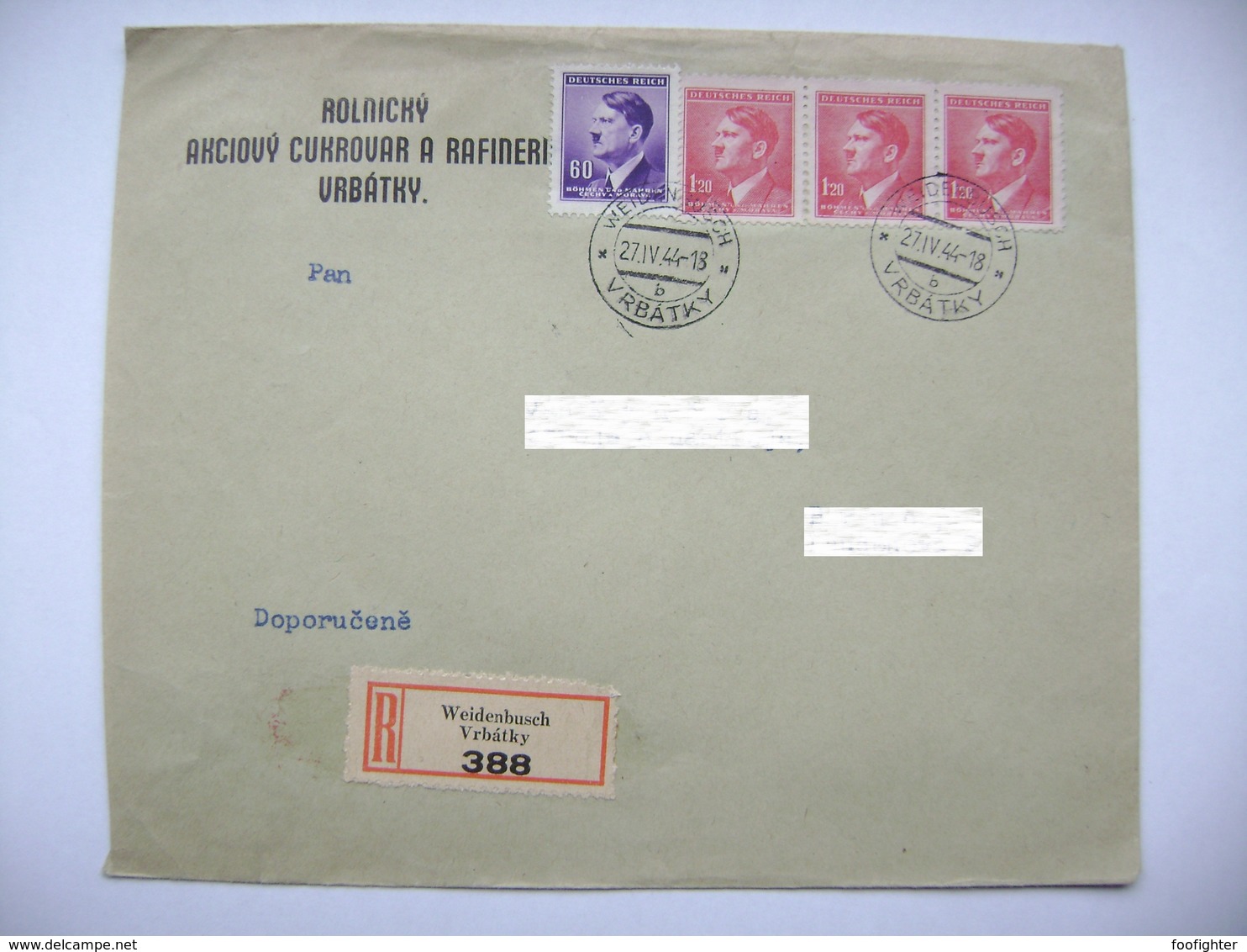 Bohemia & Moravia R-letter 1944 WIEDENBUSCH / VRBATKY - SUGAR MILL REFINERY / Cukrovar A Rafinerie, Stamps Hitler - Covers & Documents