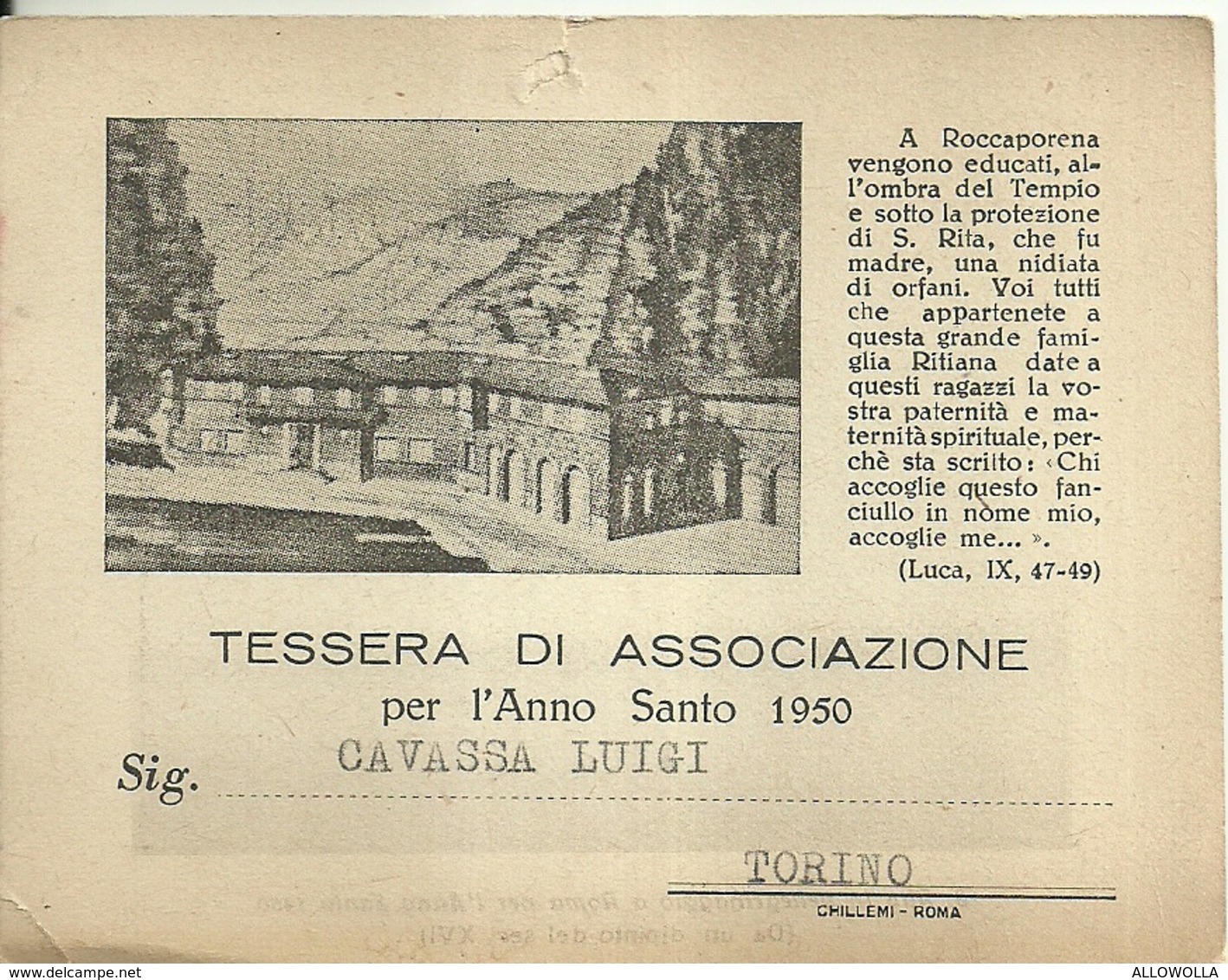 4090 "OPERA DI S. RITA-ROCCAPORENA DI CASCIA(PERUGIA)-TESSERA DI ASSOCIAZIONE PER L'ANNO SANTO 1950 "  ORIGINALE - Religion & Esotericism