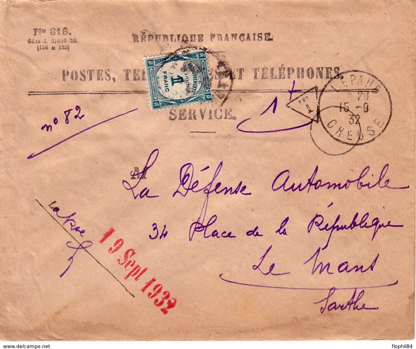CREUSE - LEPAUD - 16-9-1932 - ENVELOPPE POSTES ET TELEGRAPHES N°819. - 1859-1959 Lettres & Documents