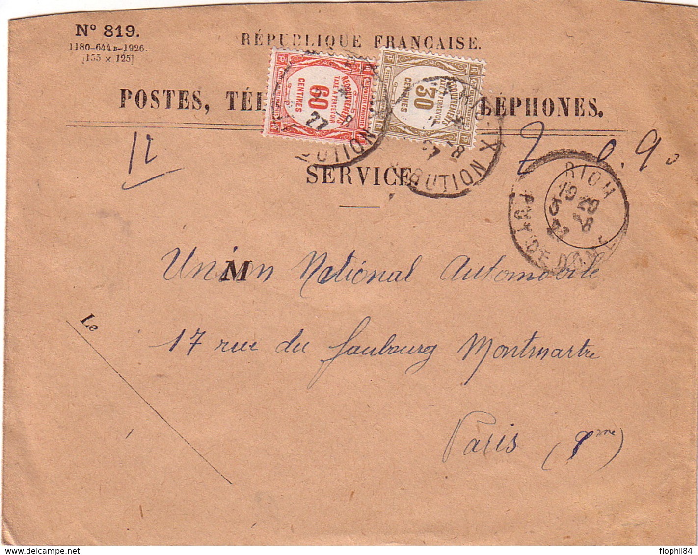 PUY DE DOME - RIOM - POUR PARIS - 5-8-1927 - ENVELOPPE POSTES ET TELEGRAPHES N°819. - 1859-1959 Covers & Documents