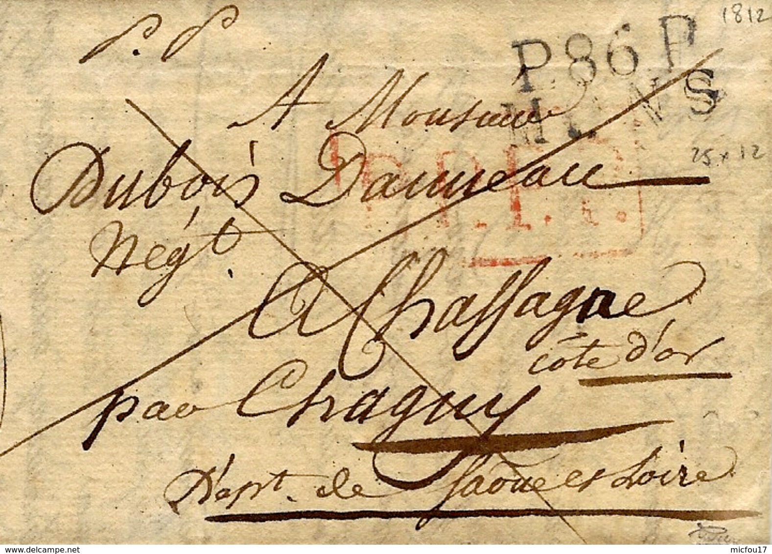 1812- Lettre De P.86.P. / MONS ( Jemappes) 25 Mm Noir + P.P.P.P Rouge Pour Chassagne ( Saône Et Loire ) - 1794-1814 (Periodo Francese)