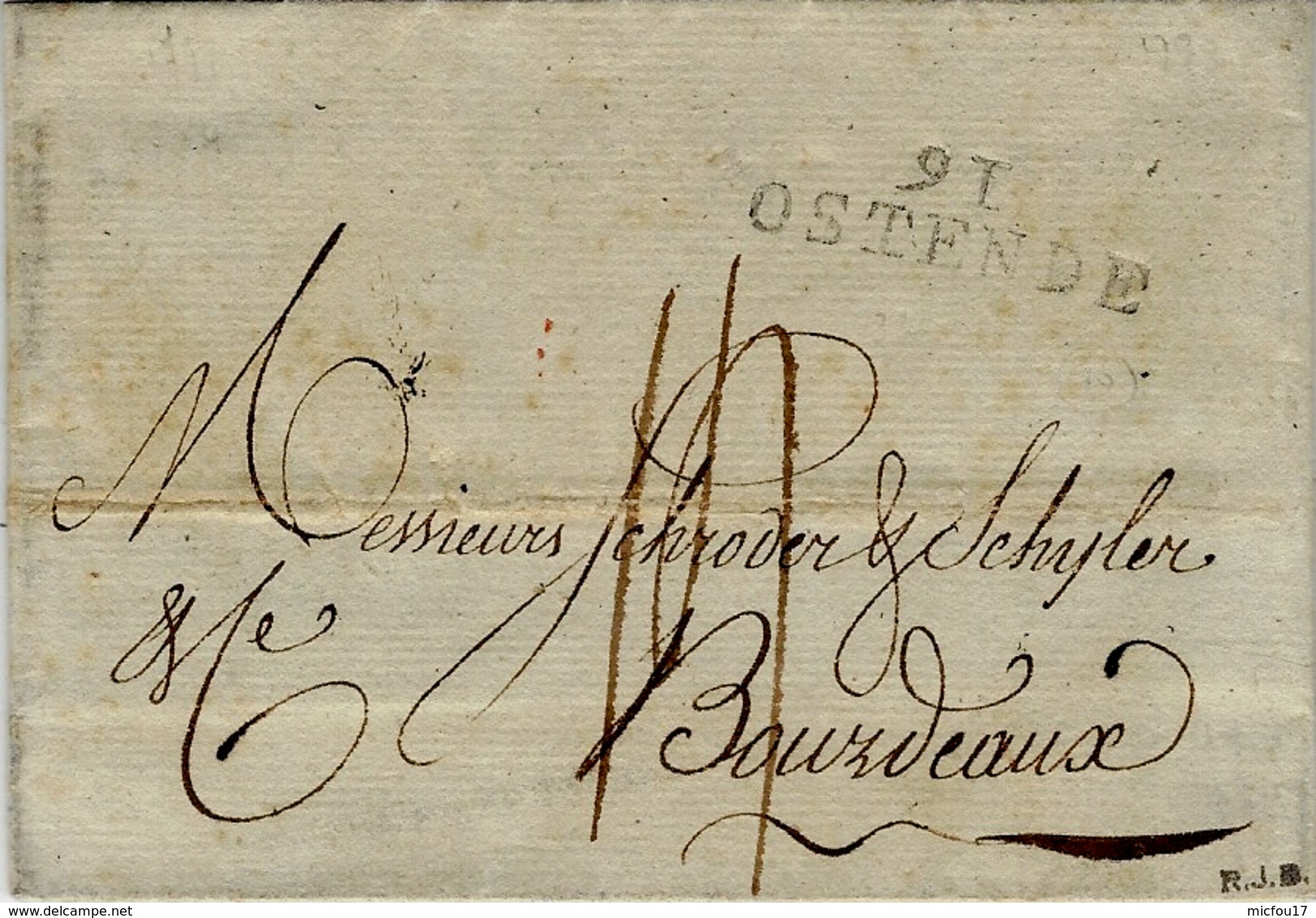 1798- Lettre De 91 / OSTENDE ( La Lys ) 33 Mm Noir Taxe 14 D. Pour Bordeaux - 1794-1814 (Periodo Francese)