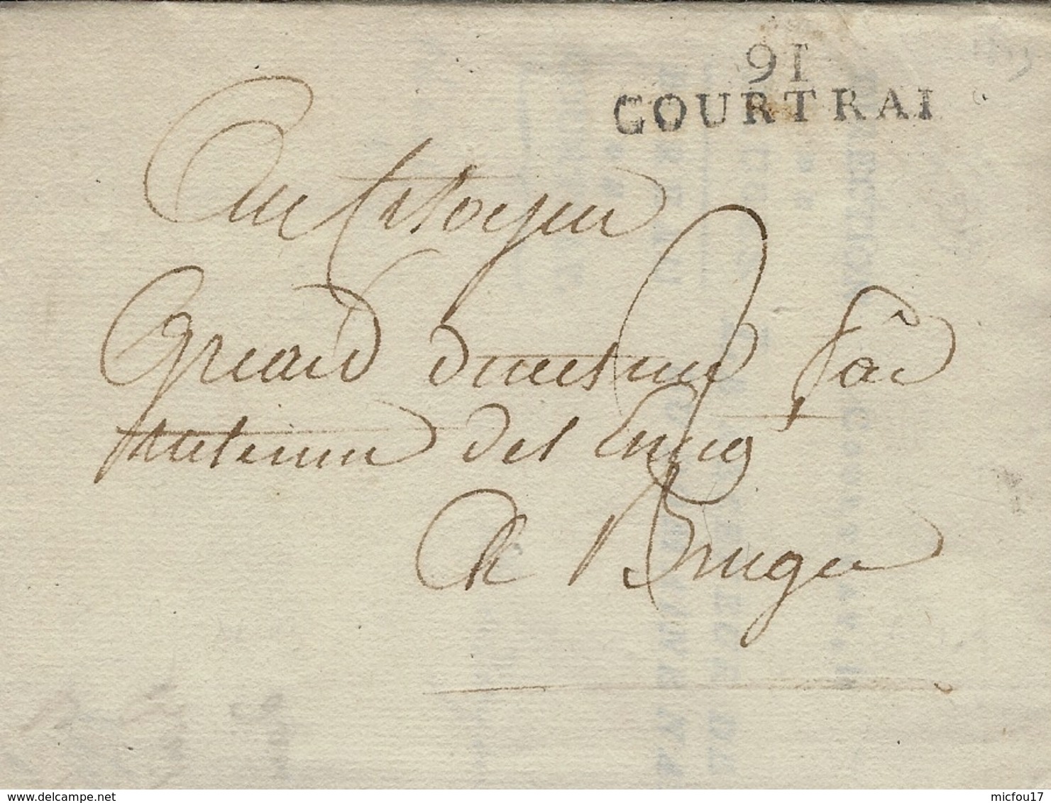 An 12- Lettre De 91 / COURTRAI ( La Lys ) 35 Mm Noir Taxe 2 D. Pour Bruges - 1794-1814 (French Period)