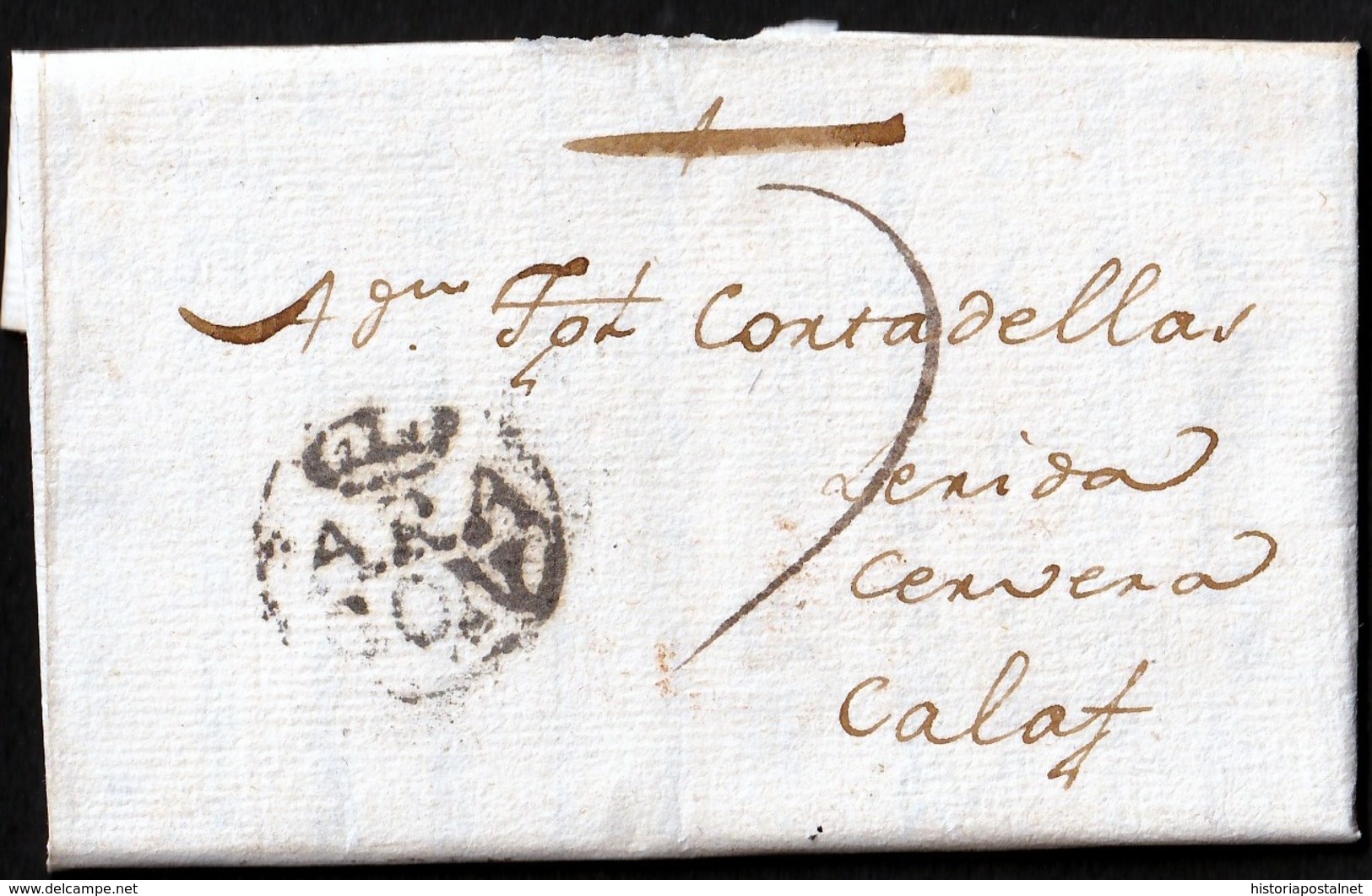 1794. HUESCA A CALAF. MARCA "ARA/GON" CORONADA RECERCADA NEGRO. PORTEO MNS. "7" CUARTOS. INTERESANTE CARTA COMPLETA. - ...-1850 Préphilatélie