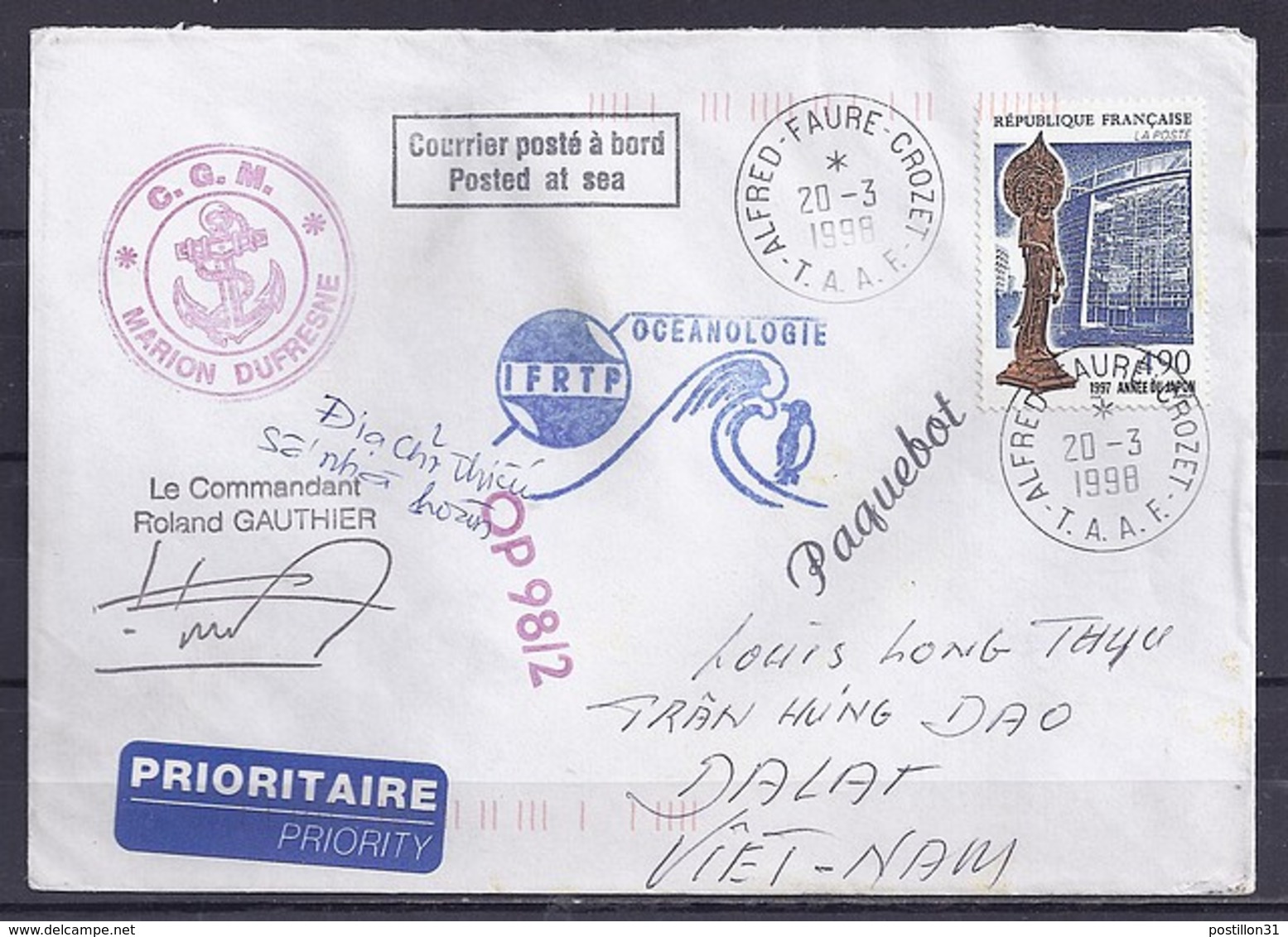 TP N° 3110 SUR LETTRE DES TAAF/ 1998 / POSTEE A BORD DU MARION DUFRESNE POUR LE VIET NAM - 1961-....