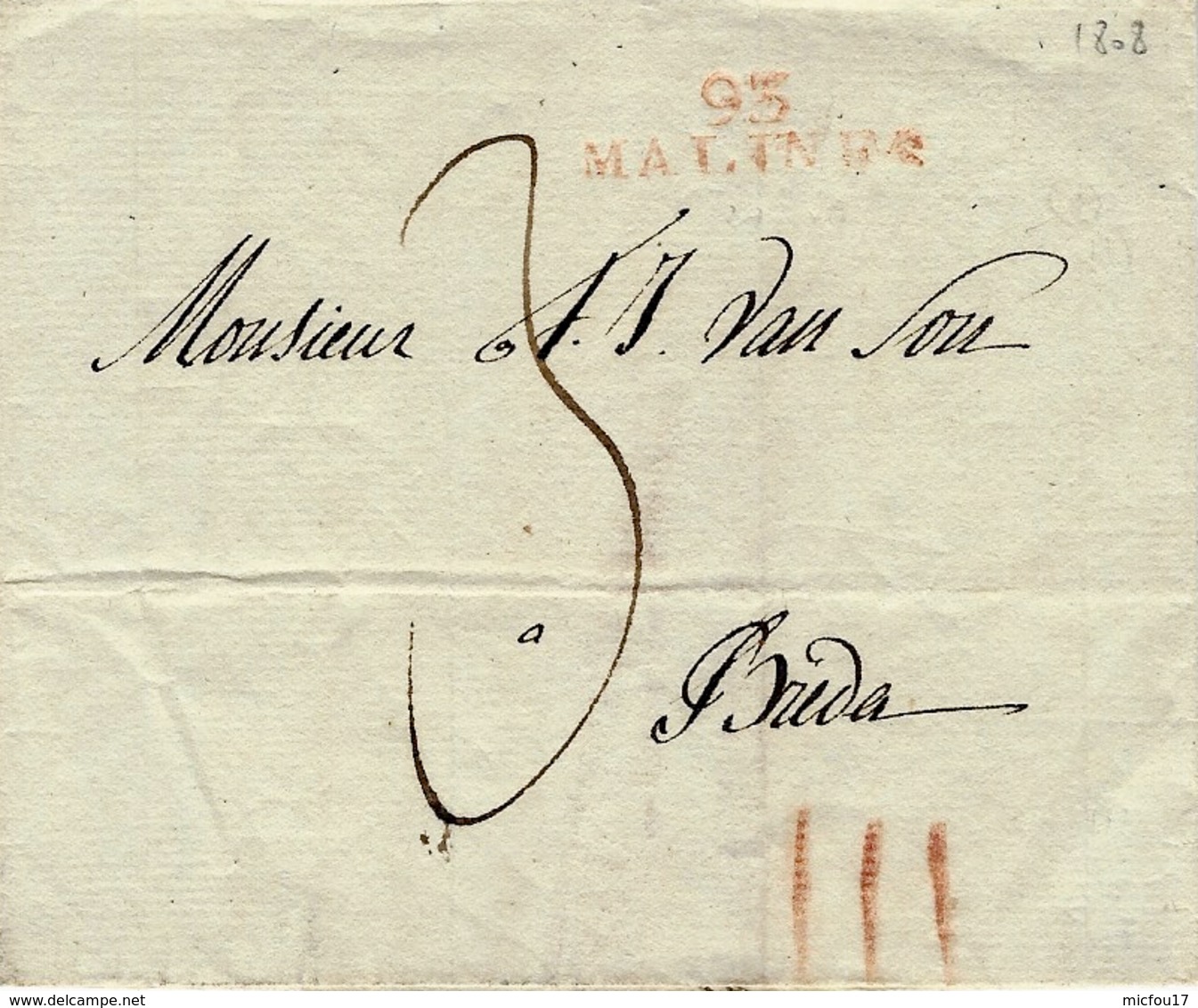 1808- Enveloppe De 93 /MALINES ( Les Deux Nethes ) 31 Mm Rouge-  Taxe 3 D. Pour Bréda -marque III Patars Crayon Rouge - 1794-1814 (Période Française)