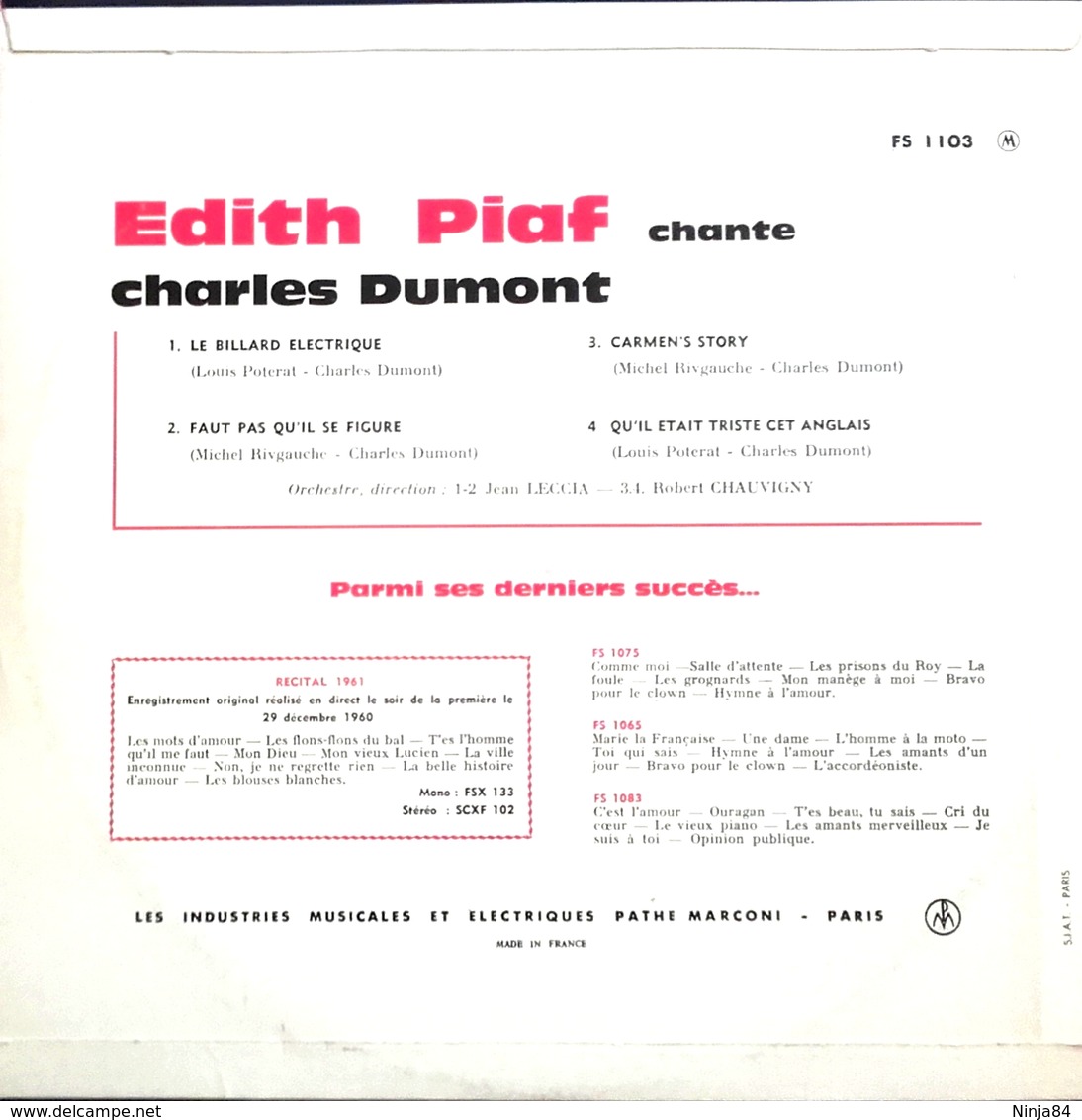 LP 25 CM (10")  Edith Piaf ‎ "  Quatre Chansons De Charles Dumont  " - Formats Spéciaux