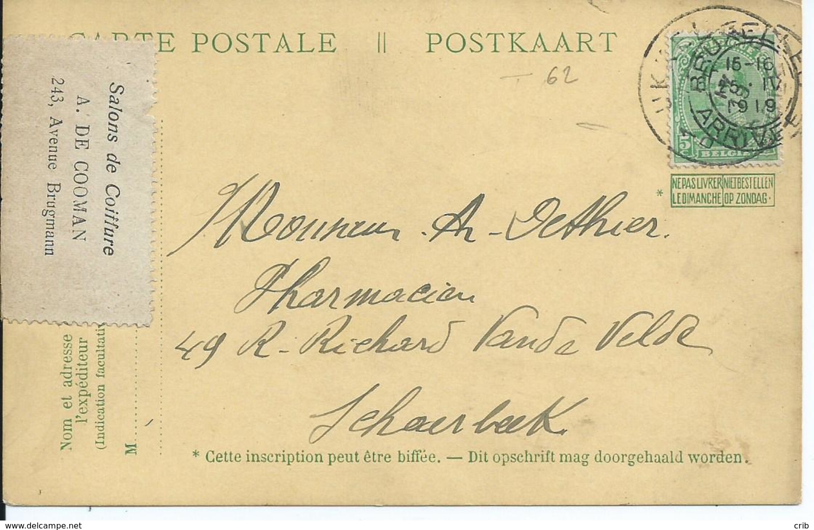Vooroorlogse 5c-Pellens-kaart Met Opgeplakte Zegel OCB 137 Verstuurd Van Brussel Naar Schaarbeek (15.IV.1919) - Autres & Non Classés