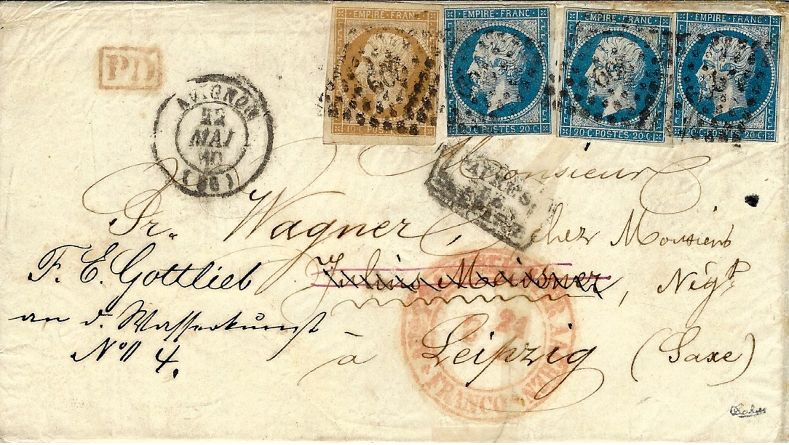 1860- Enveloppe D'Avignon ( Vaucluse ) Cad T15  Affr. N°14 X 3 + N°13 Oblit. Pc 209 Pour LEIPZIG ( Saxe ) - 1849-1876: Période Classique