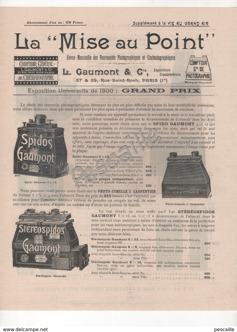 1900 PUBLICITE LA MISE AU POINT - L GAUMONT & Cie RUE ST ROCH PARIS 1er - CINEMATOGRAPHIE PHOTOGRAPHIE - 27.5 X 21.5 Cm - Publicidad