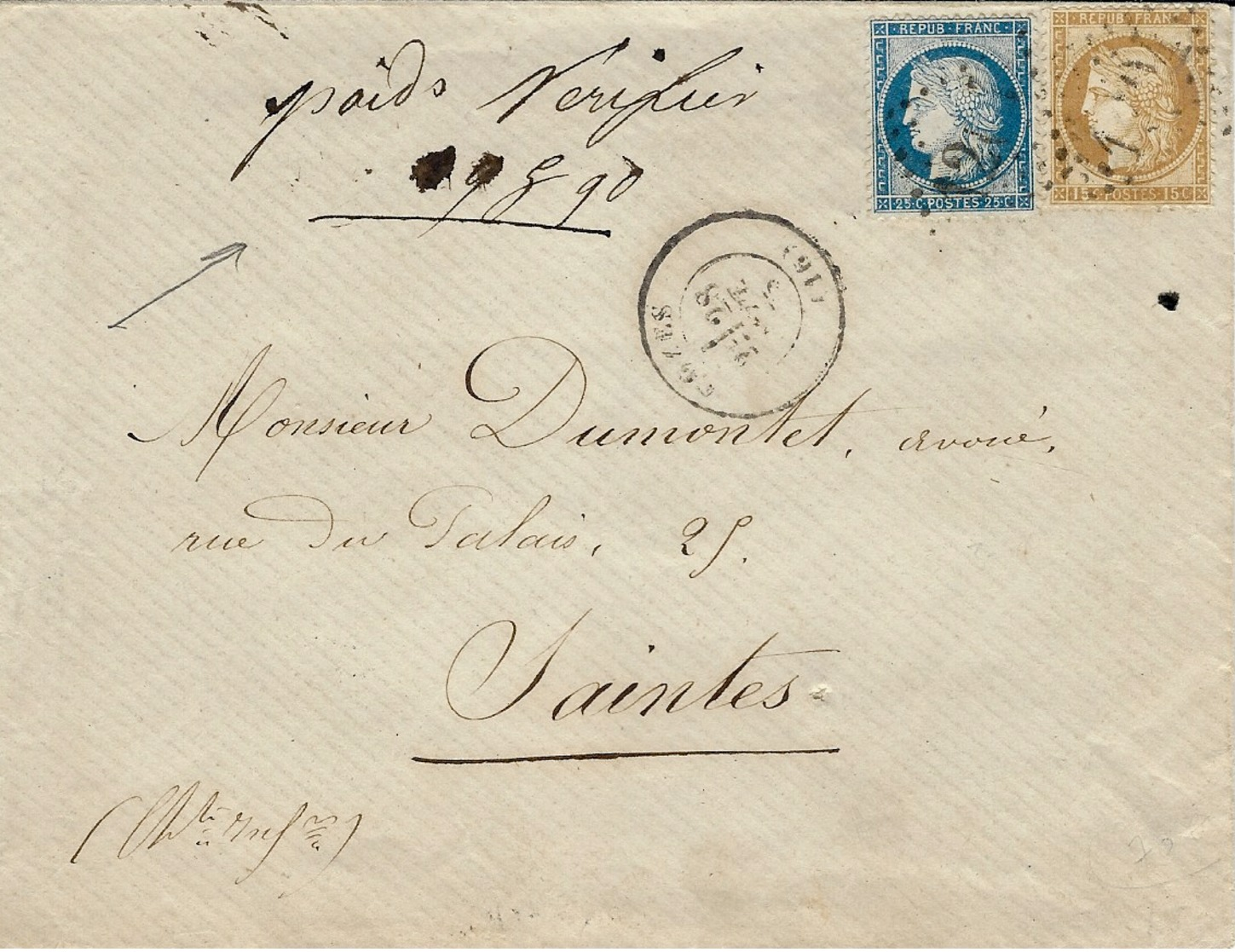 1875- Enveloppe De COZES ( Char. Mar.) Cad T17 Affr. N°59 Et 60 Oblit. G C 1204 + Poids Vérifié 9g90 Pour Saintes - 1849-1876: Periodo Clásico