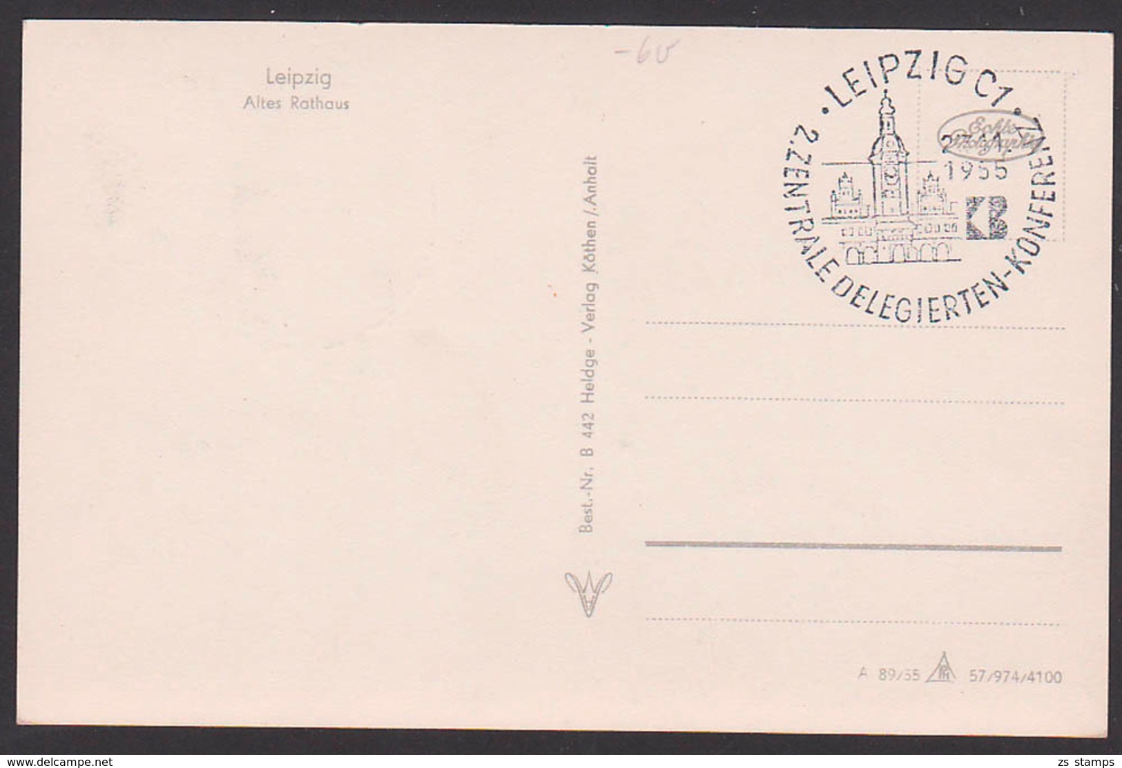 Leipzig Altes Rathaus, Maxkarte 23.11.55, SoSt. Leipzig C1 Kulturbund Zentralkoferenz DDR 493 - Cartes-Maximum (CM)