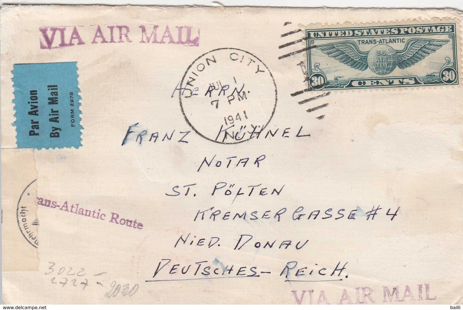 Etats Unis Lettre Censurée Pour L'Allemagne 1941 - Poststempel