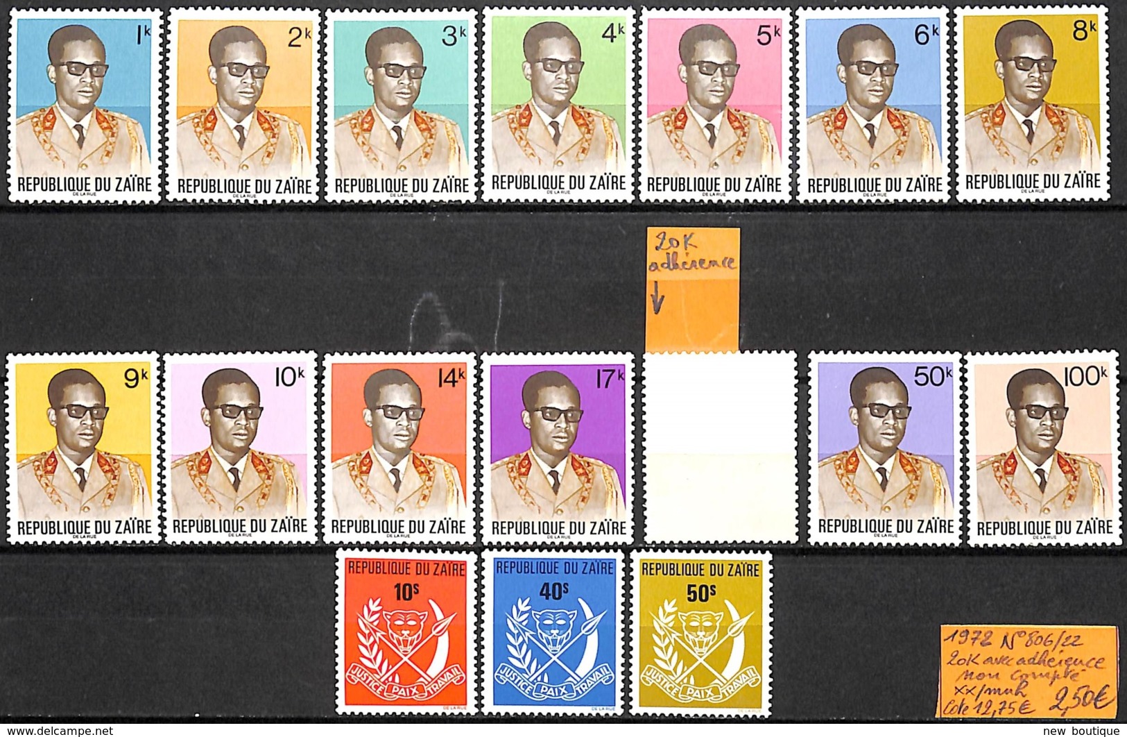 NB - [836371]TB//**/Mnh-c:13e-Zaïre 1972 - N° 806/22, 20k Avec Adhérence Non Compté - Neufs