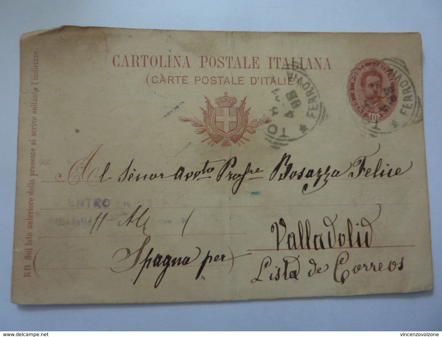 Cartolina Postale Viaggiata Per Valladolid  ( Spagna ) " Avv. Bosazzo Felice " 1898 - Storia Postale