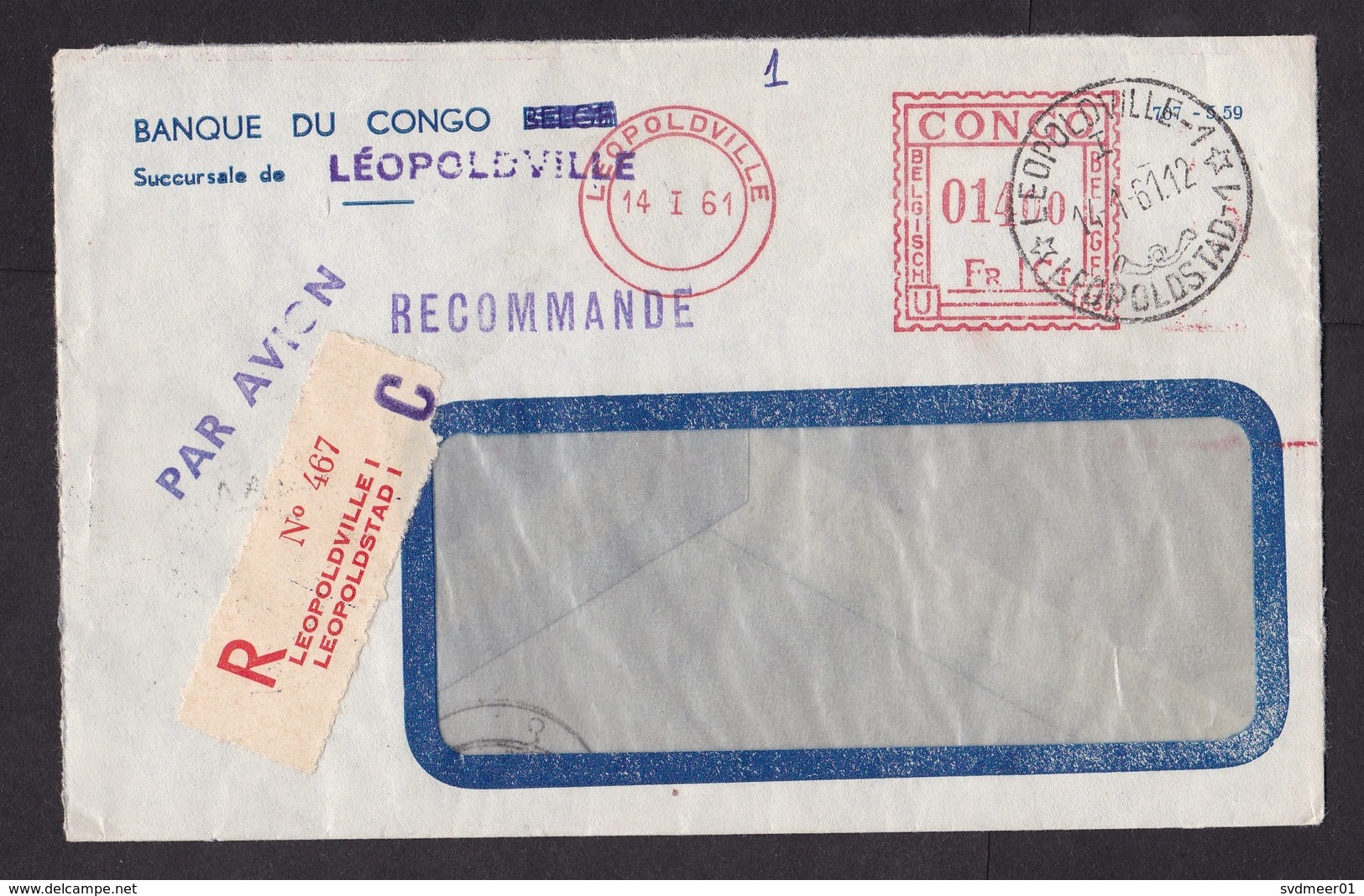 Belgian Congo: Registered Cover, 1961 (after Independence!), Meter Cancel, R-label, Bank Of Congo (opened At 3 Sides) - Brieven En Documenten