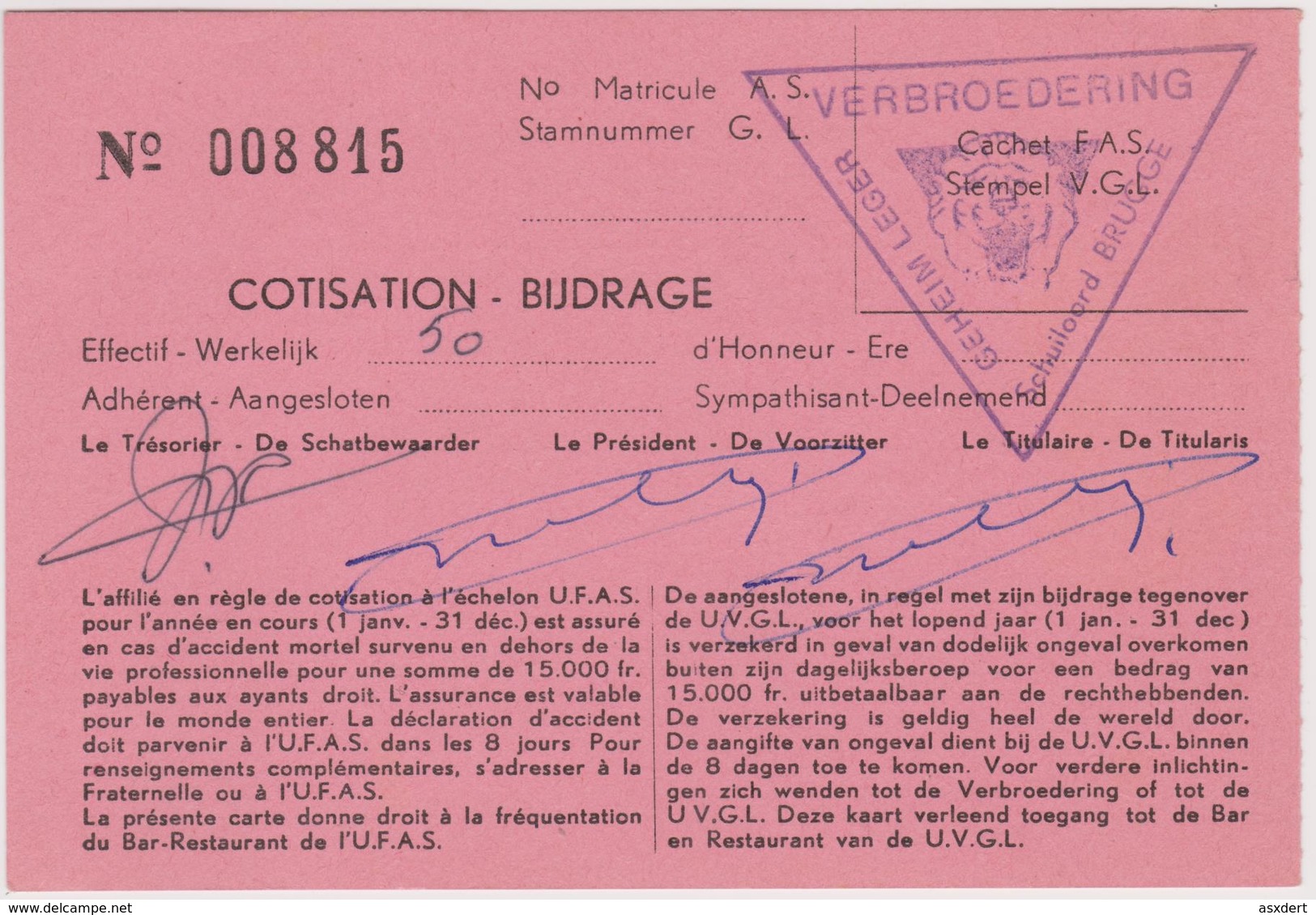 Schuiloord Brugge Verbroedering Geheim Leger - Armée Secrète Lidkaart 1961 - Documents Historiques