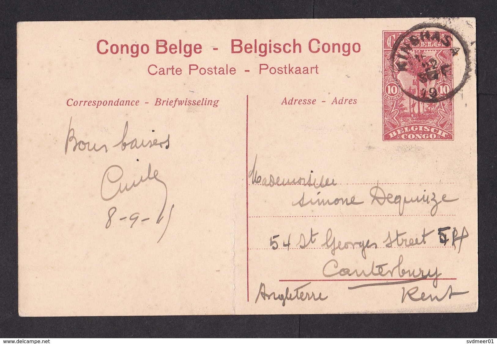 Belgian Congo: PPC Stationery Picture Postcard To UK, 1919, Forest, Card: River Sendwe (minor Crease) - Brieven En Documenten