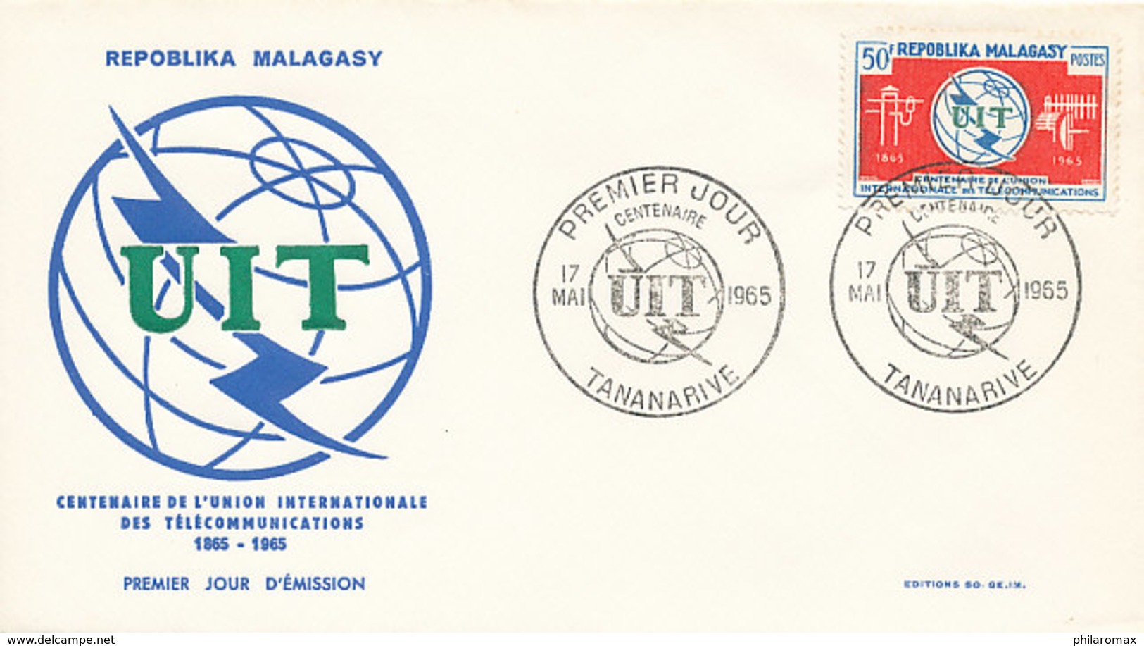 DC-1718 - FDC 1965 - 100 YEARS TELECOMMUNICATION ITU - UIT - MORSE TELEGRAPH TELEPHONE SATELLITE - MALAGASAY - Telecom