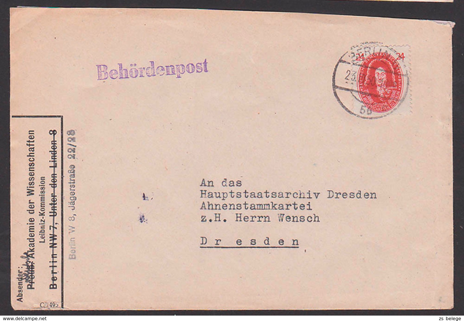 Akademie Der Wissenschaften Berlin, G. W. Leibnitz 24 Pfg. DDR 269, Berlin Behördenpost, Abs. Leibnitz-Kommission - Briefe U. Dokumente