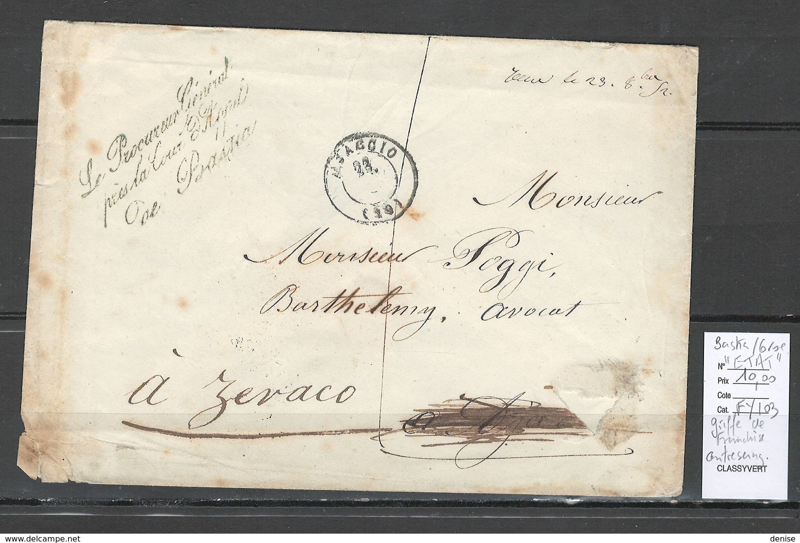 France - Lettre  Bastia - Franchise Du Procureur Général  Pour Zeraco - 1849-1876: Période Classique