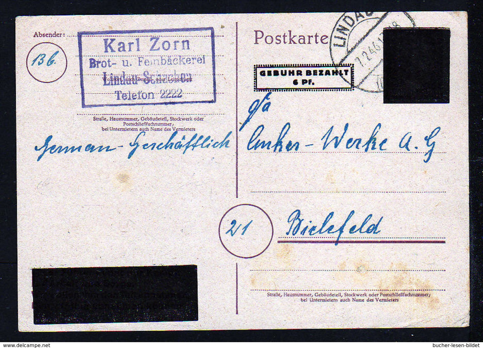 6 Pf. Überdruck-Ganzsache (Hitler) - P D814I Ab Lindau Nach Bielefeld - Other & Unclassified