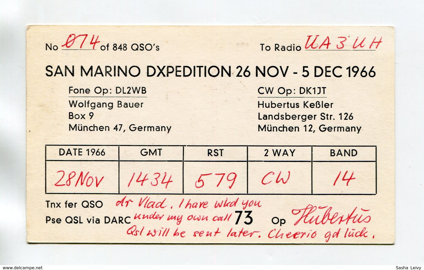 QSL RADIO AMATEUR CARD 1966 DL2WB/M1 SAN MARINO A18 - Radio Amateur
