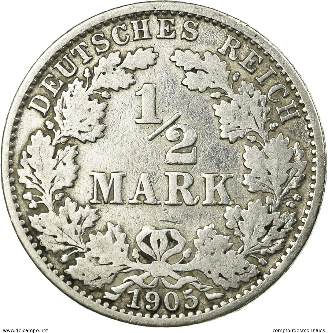 Monnaie, GERMANY - EMPIRE, 1/2 Mark, 1905, Hambourg, TB, Argent, KM:17 - 1/2 Mark