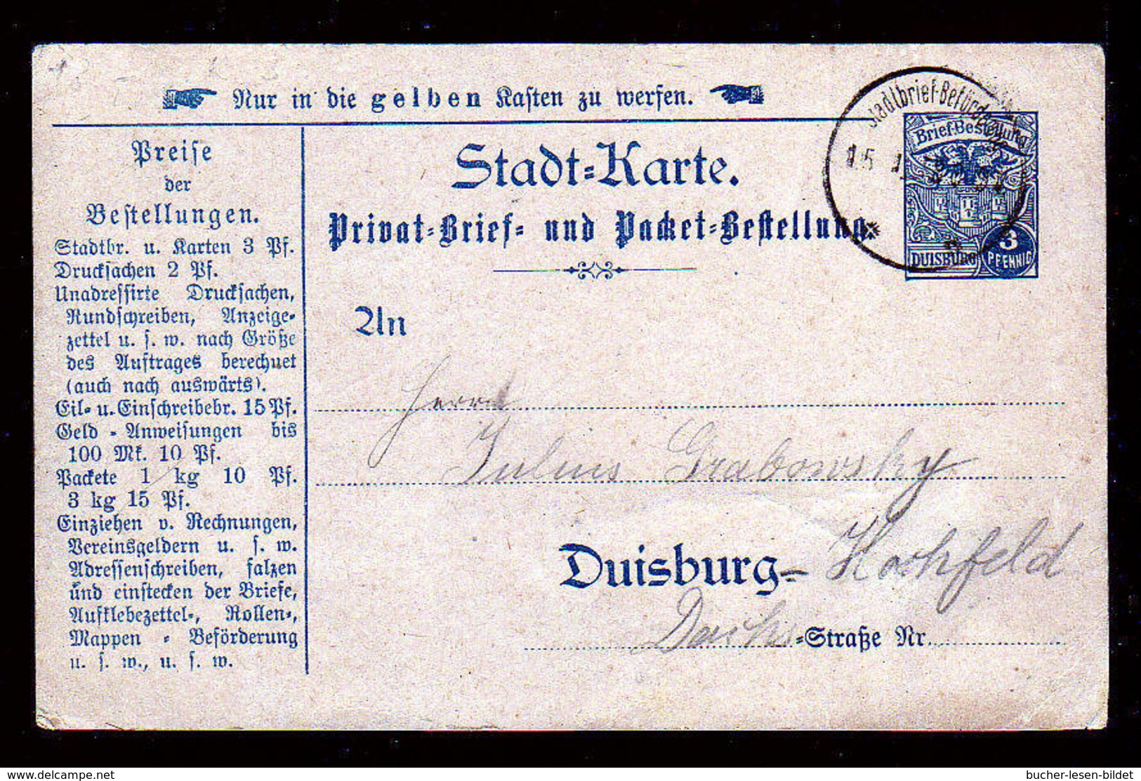 DUISBURG - 3 Pf. Wappen Blau Ganzsache Gebraucht 1898 - Postes Privées & Locales