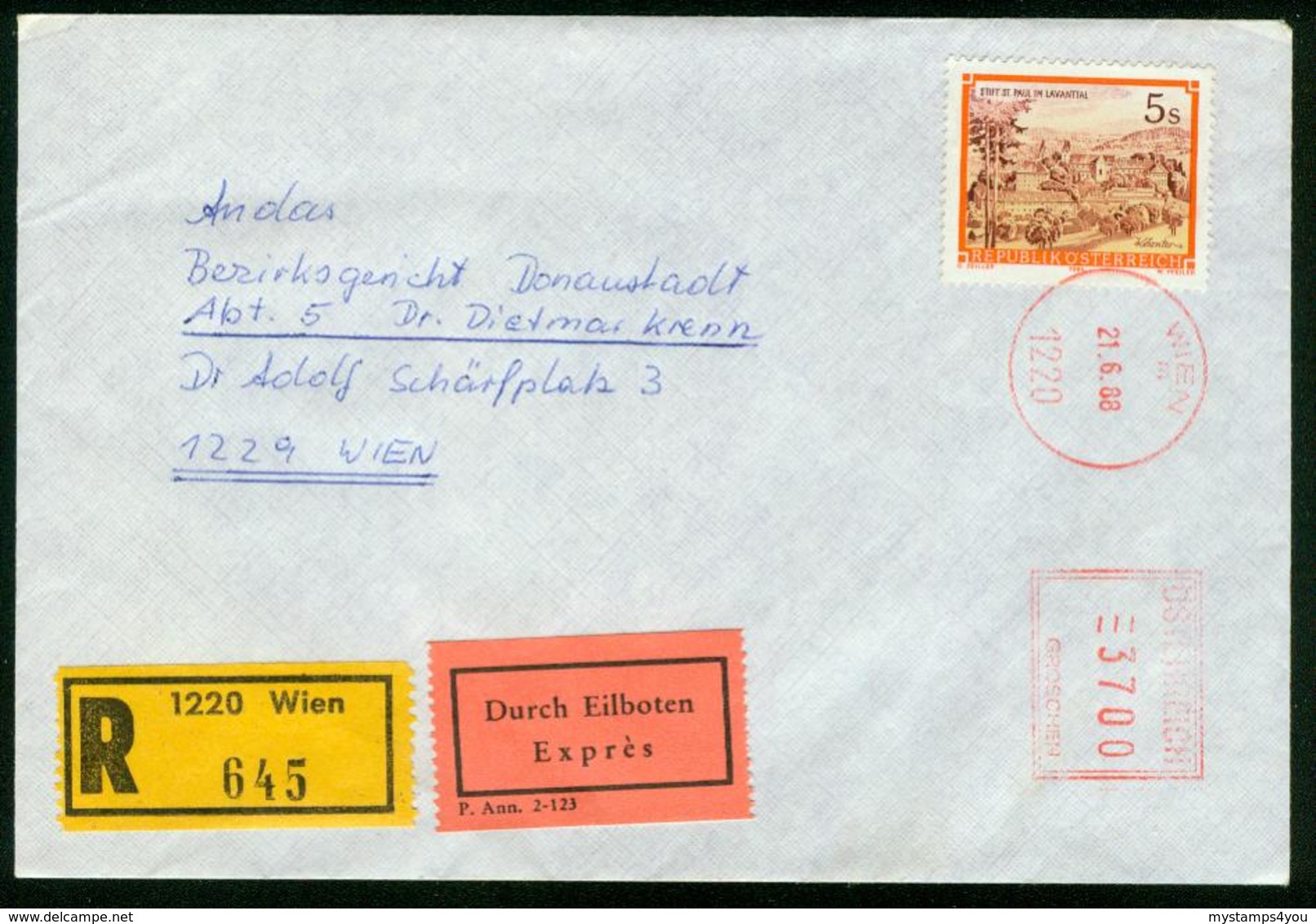 FR Austria Registered Express Cover With Meter Cancel | Wien 21.6.1988, Freistempel - Covers & Documents