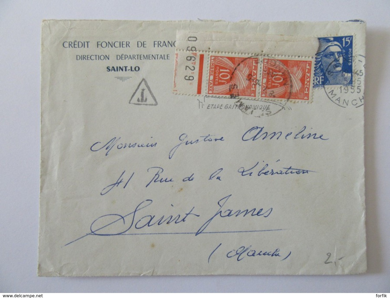 Enveloppe Crédit Foncier Taxée 20f (2 X 10f) - Saint-Lo Vers Saint James - 1955 - 1921-1960: Période Moderne
