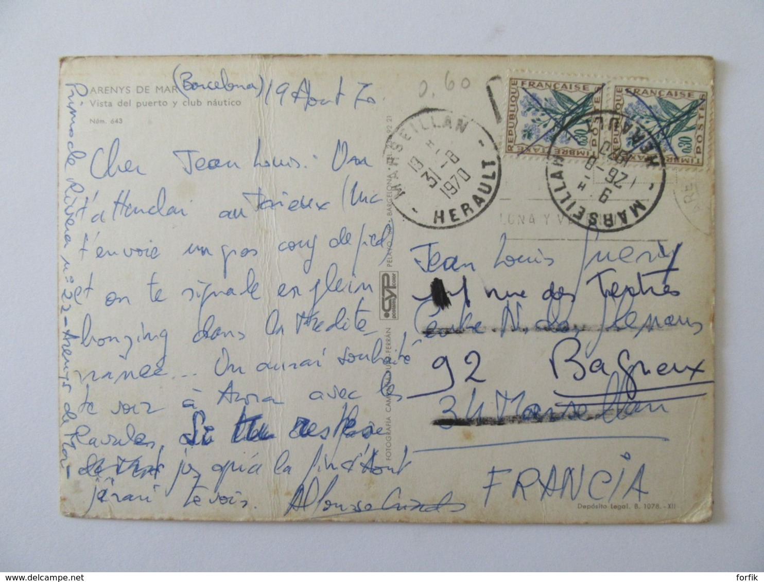 Carte Postale Arenys De Mar / Barcelone - Taxée 60c - 1970 - 1961-....