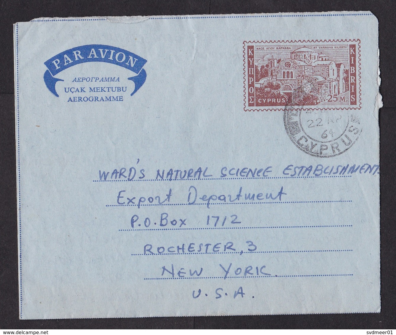 Cyprus: Stationery Aerogramme To USA, 1964, Church, Religion, Air Letter (traces Of Use) - Brieven En Documenten