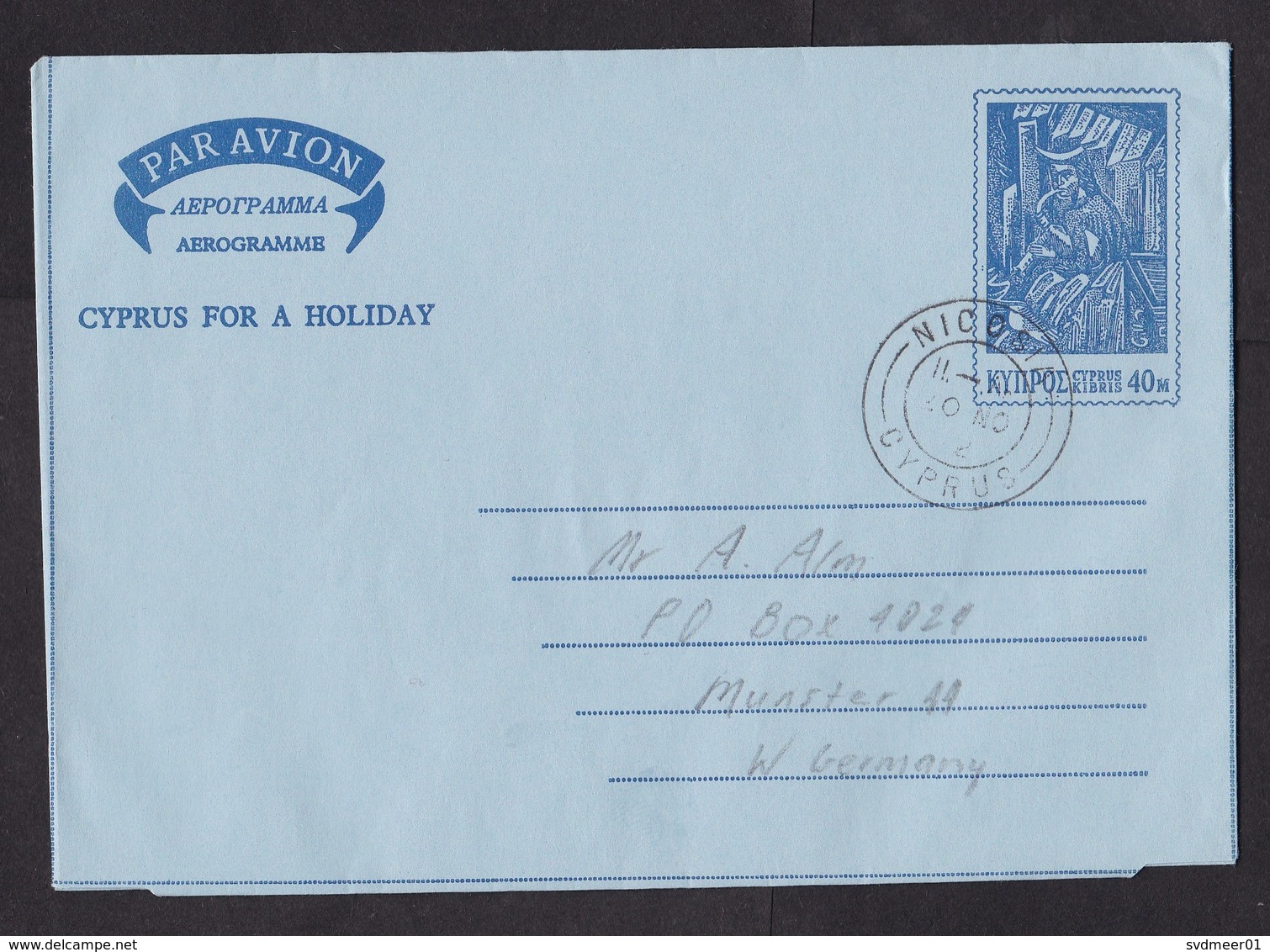 Cyprus: Stationery Aerogramme To Germany, History, Slogan 'Cyprus For A Holiday', Air Letter (traces Of Use) - Storia Postale