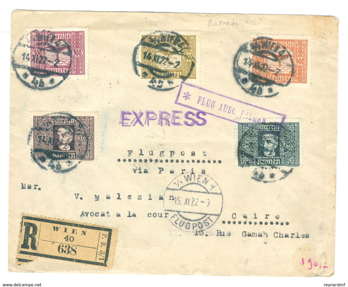 1922 Austria Registered Air Cover To Cairo, 'Express' Cachet. - Covers & Documents