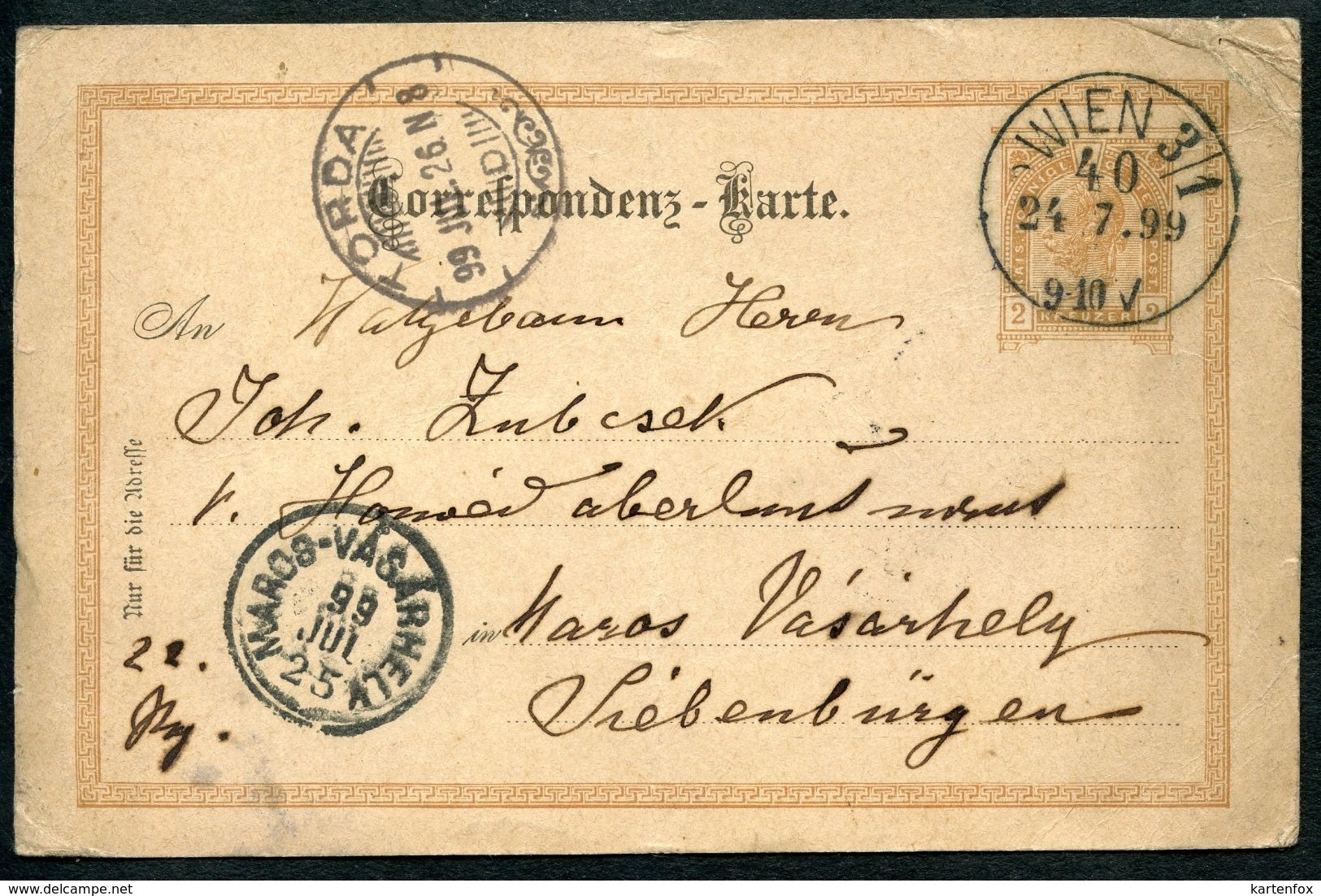 Correspondenz-Karte, Wien 24.7.1899 - Maros Vasarhely (Targa Mures) 25.7.1899 - Torda 26.7.1899 - Transilvania