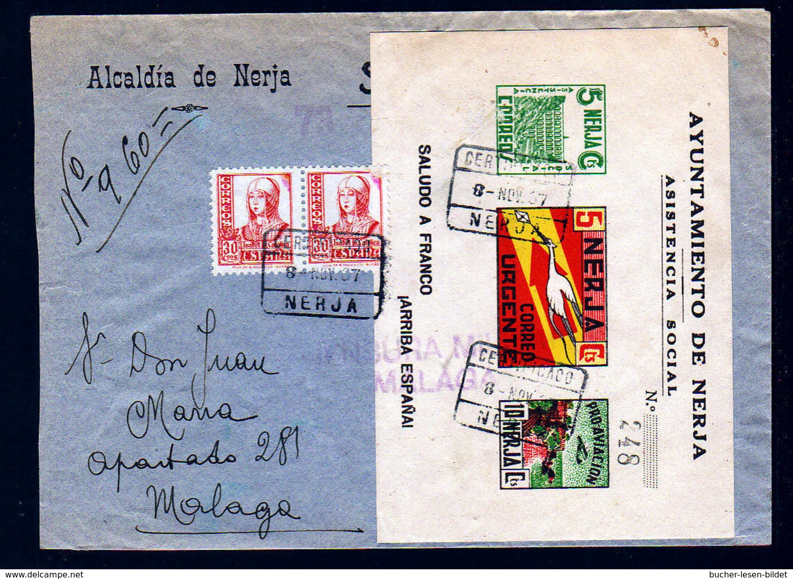 1937 - Lokalpost Block Auf Einschreibbrief Ab NERJA Nach Malaga - Storia Postale