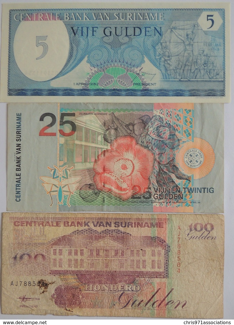 Lot De 3 Billets Du Surinam 5/25/100 Guldens - Suriname