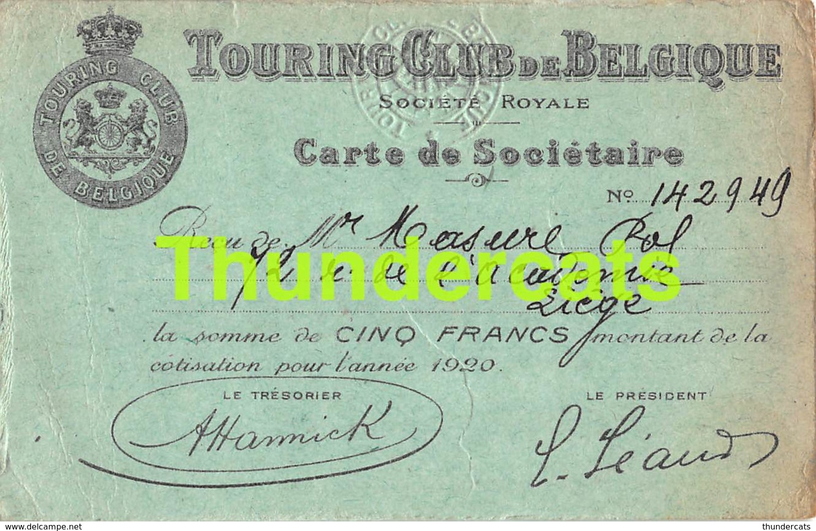 TOURING CLUB DE BELGIQUE CARTE DE SOCIETAIRE 1920 - Documents Historiques