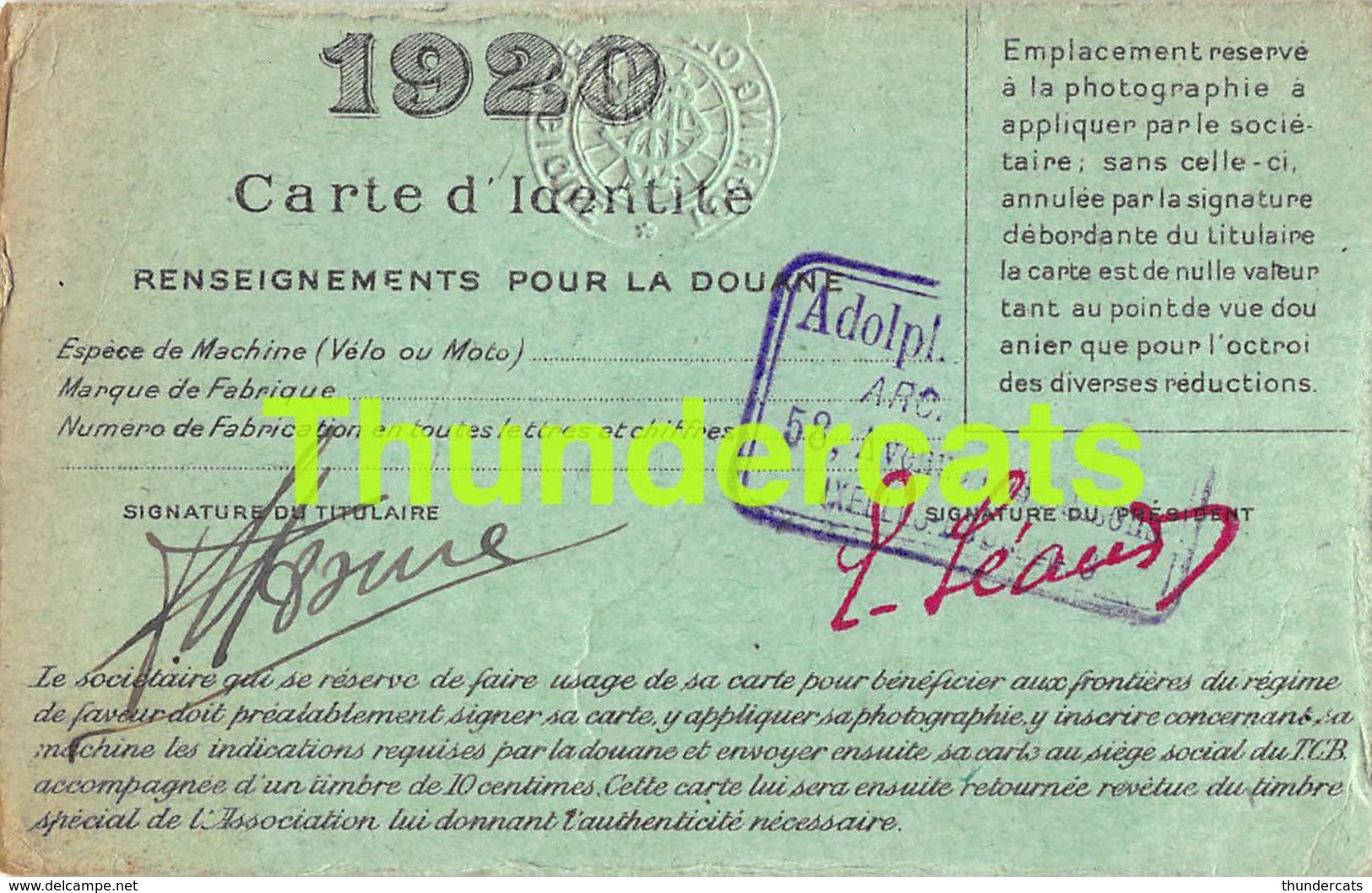 TOURING CLUB DE BELGIQUE CARTE DE SOCIETAIRE 1920 - Documents Historiques