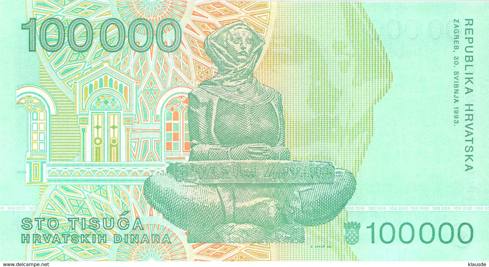 100 000 Dinar Kroatien UNC 1993 - Kroatien