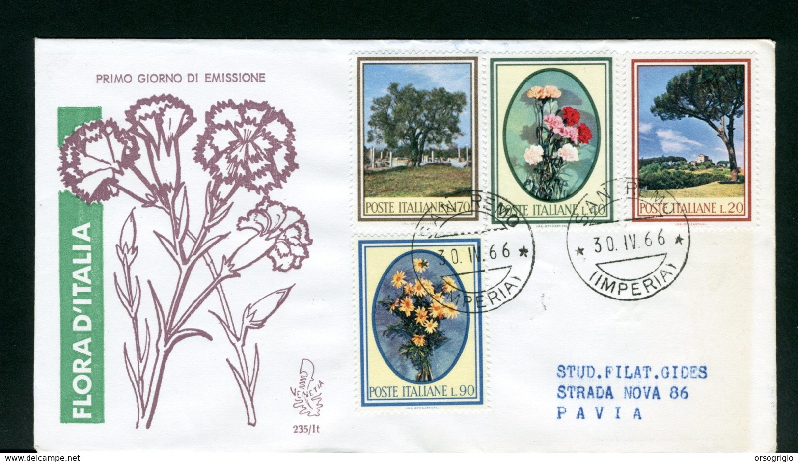 ITALIA - FDC VENETIA  - 1966 -  SANREMO  -  FLORA  Con Timbro Di Arrivo - FDC