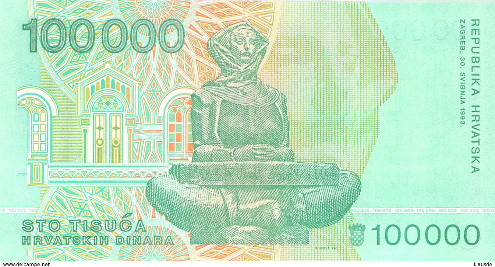 100 000 Dinar Kroatien UNC 1993 - Kroatië