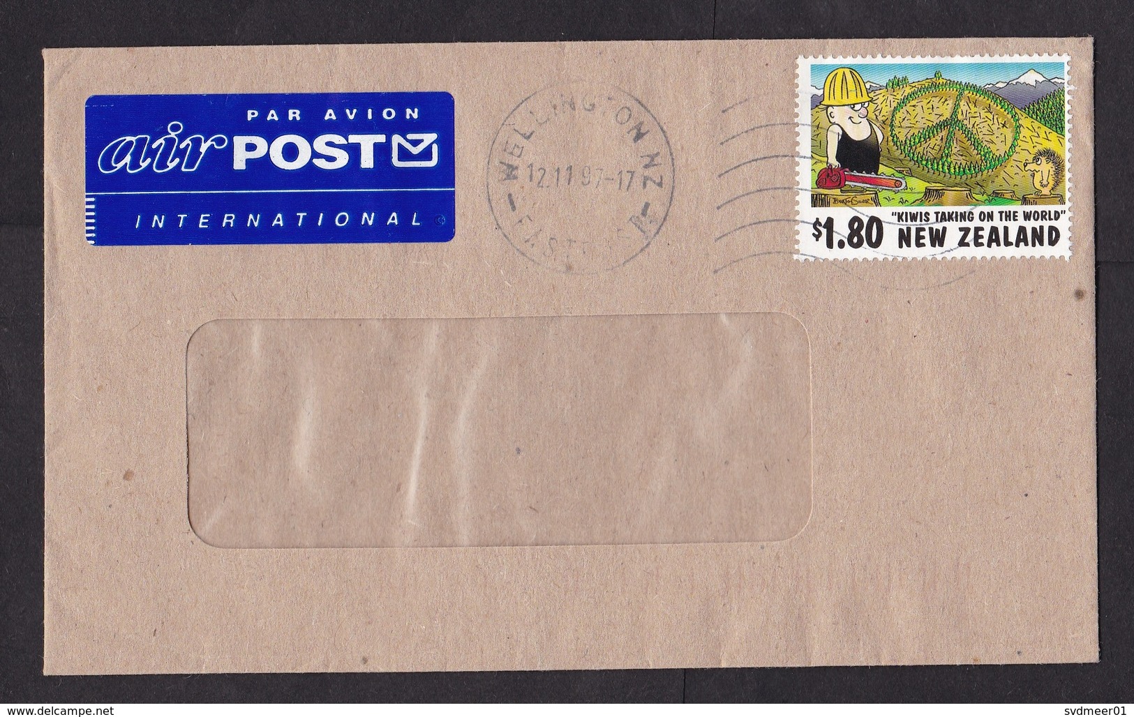 New Zealand: Airmail Cover, 1997, 1 Stamp, Kiwi Cartoon, Peace Logo, Chain Saw, Air Label (minor Creases) - Brieven En Documenten