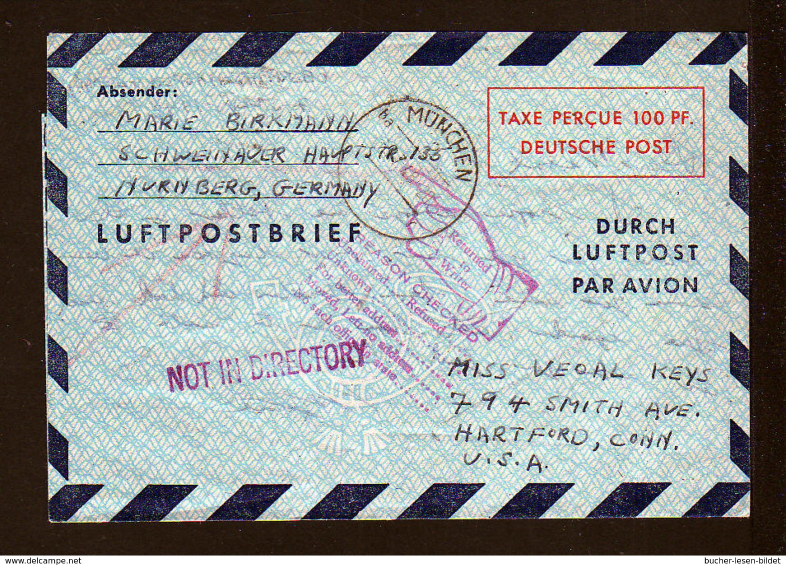 100 Pf. Luftpost Ganzsache (LF 1II) Gebraucht 1948 Ab München Nach USA - Zurückstempel - Sonstige & Ohne Zuordnung