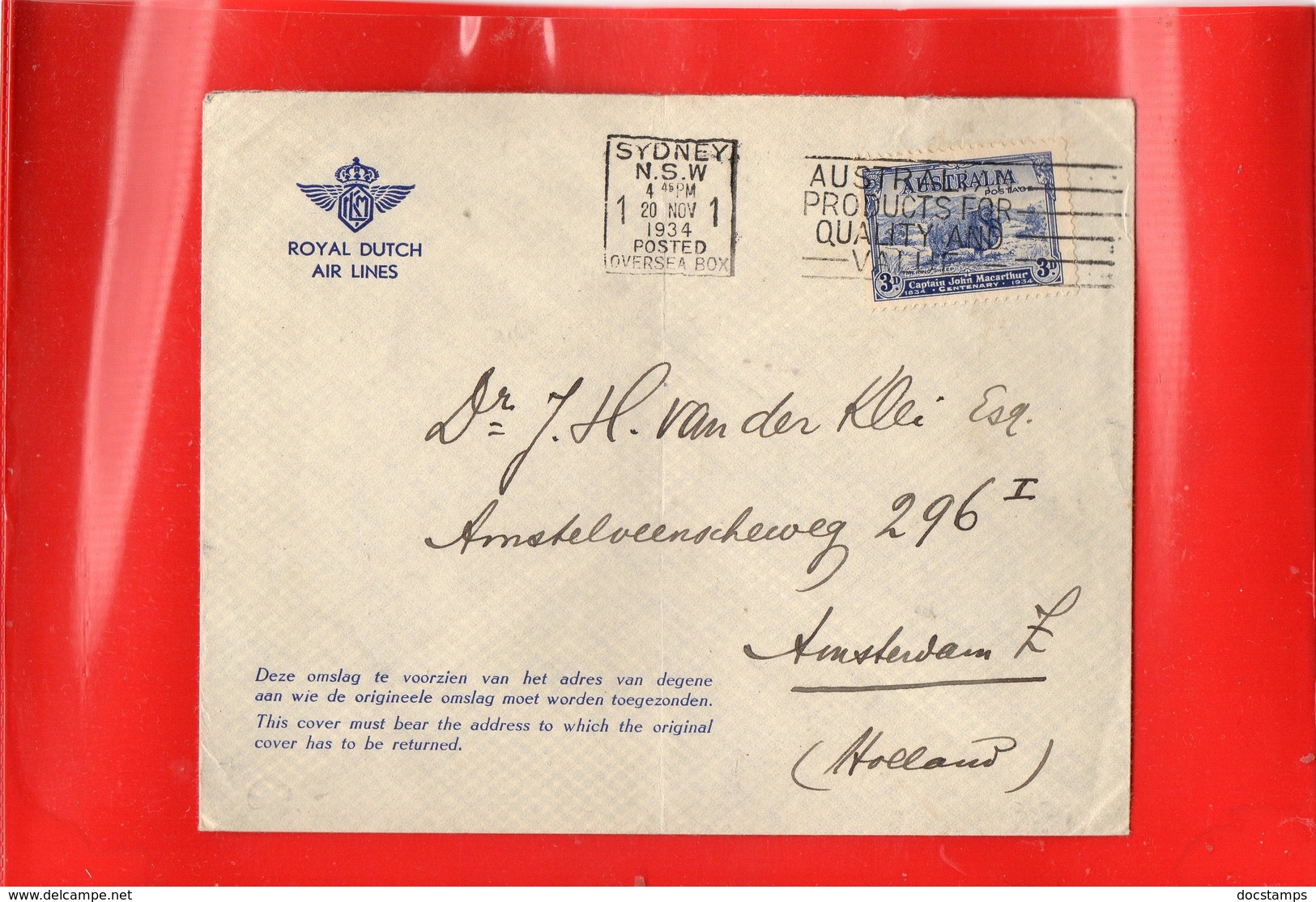 ##(DAN197)-Postal History-Australia 1934-Royal Dutch Air Lines Cover From Sydney To Holland Franked 3d. Macarthur - Storia Postale